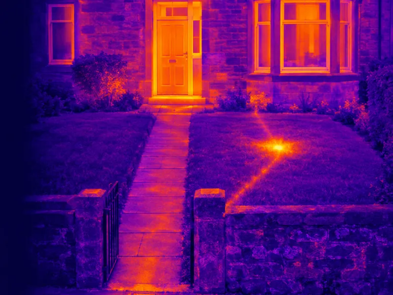 Thermal illustration of an underground water supply pipe leaking under a front lawn, between the pavement stopcock and the house